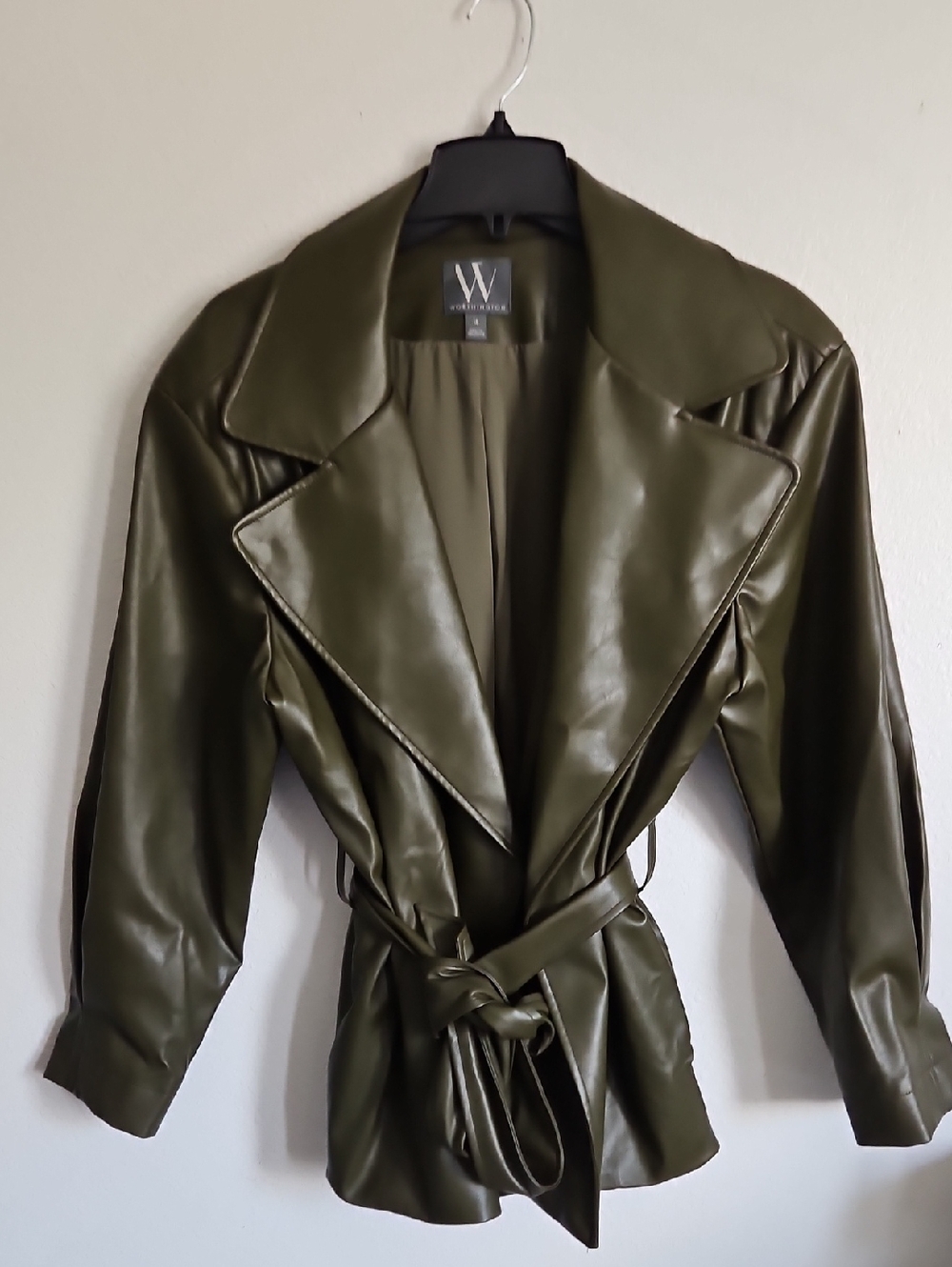 Worthington Olive Faux Leather Tie-Waist Trench Coat
